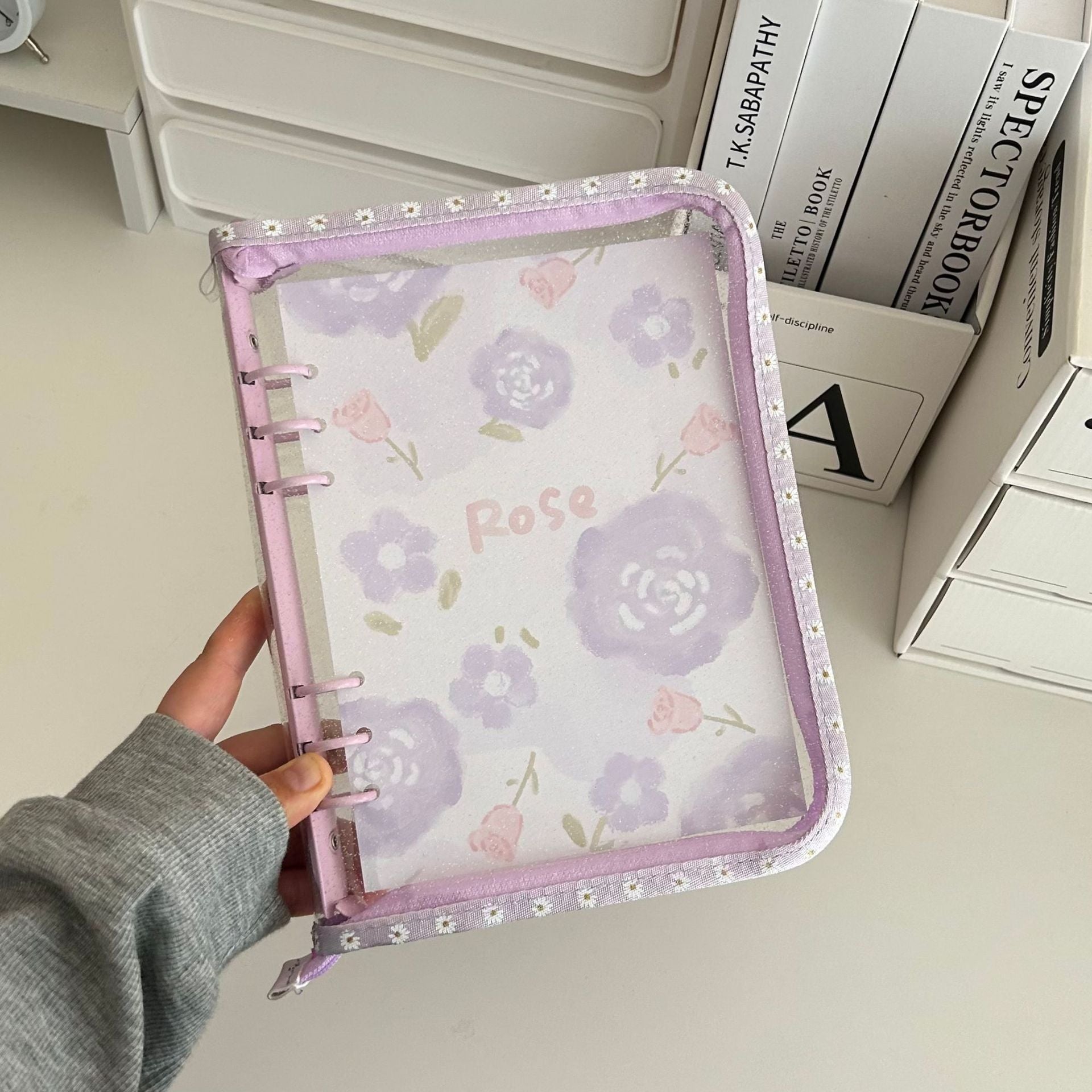 0701 A5 Glitter clear binder with Zipper and flower pattern border *not contain insert pages