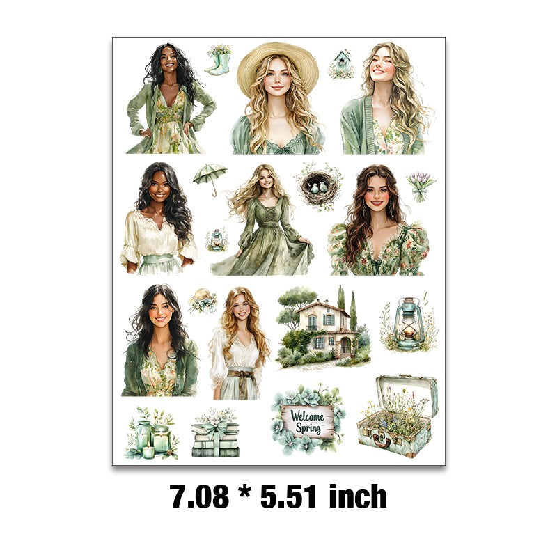 E-181- Green Spring Girl Embossed sticker 1 Pcs