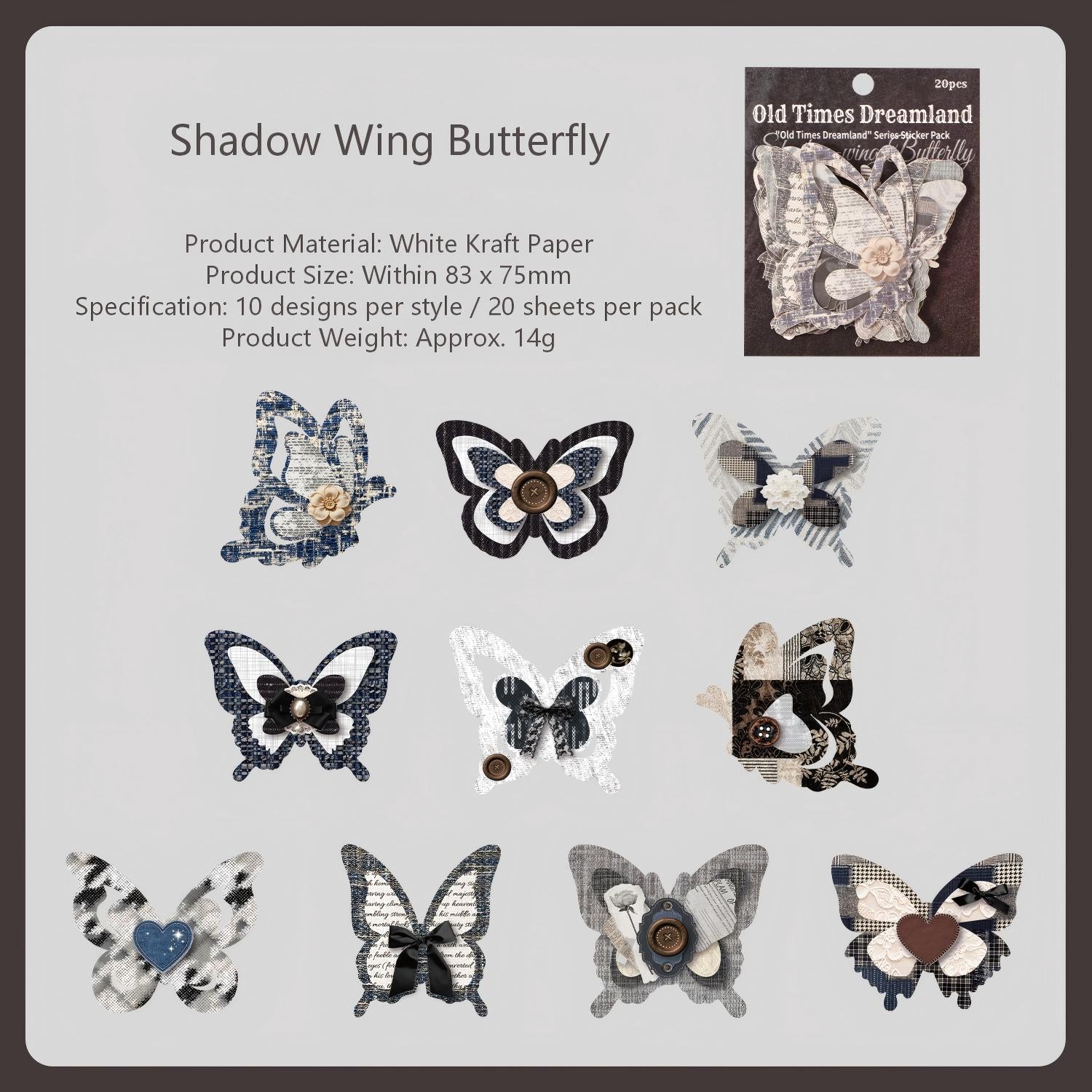 Old Time Dreams Butterfly Solid Stickers -20Pcs each pack