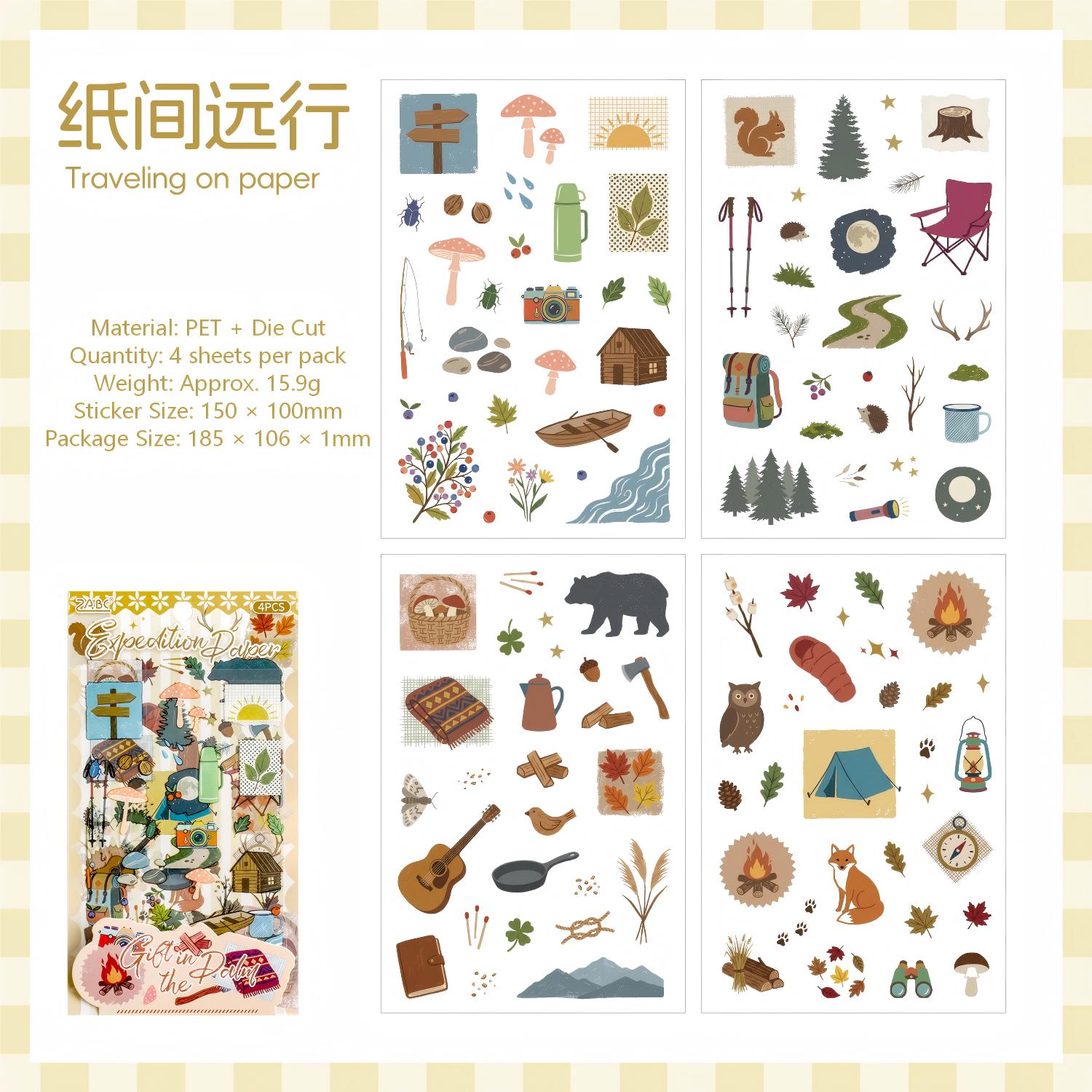 Vintage PET Die-cut Stickers -4Pcs each pack