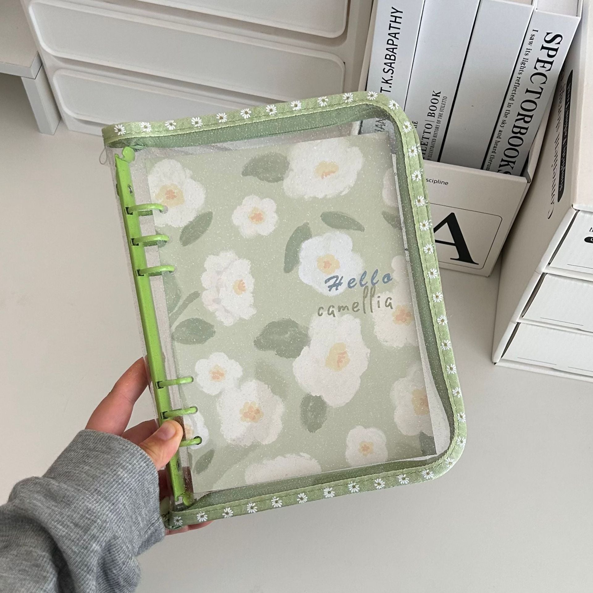 0701 A5 Glitter clear binder with Zipper and flower pattern border *not contain insert pages