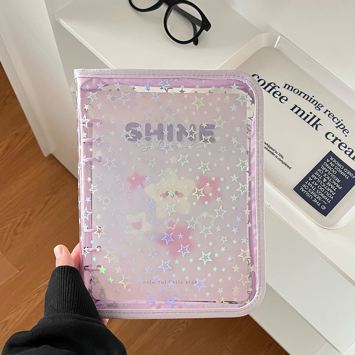 0701 A5 Glitter Stars clear binder with Zipper *not contain insert pages