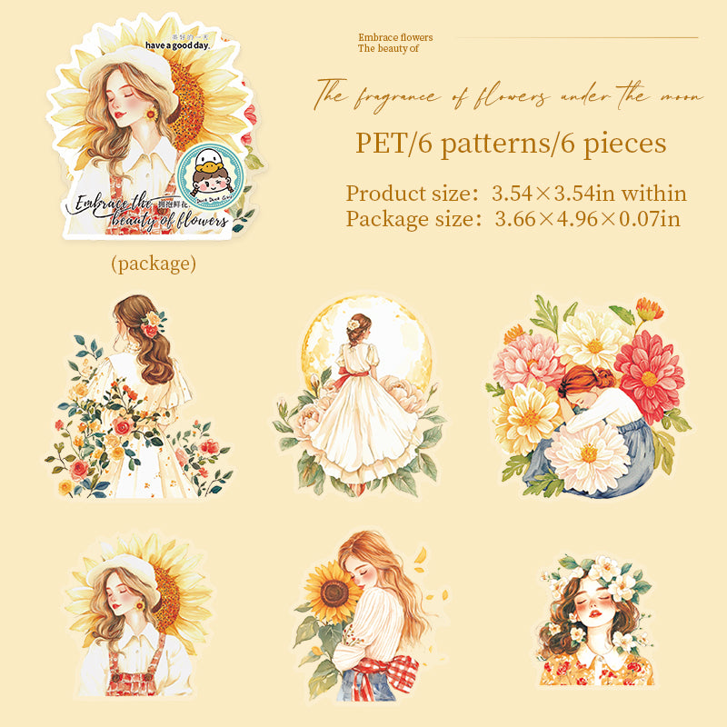 0625 Flowers and girl PET Sticker -6Pcs each pack