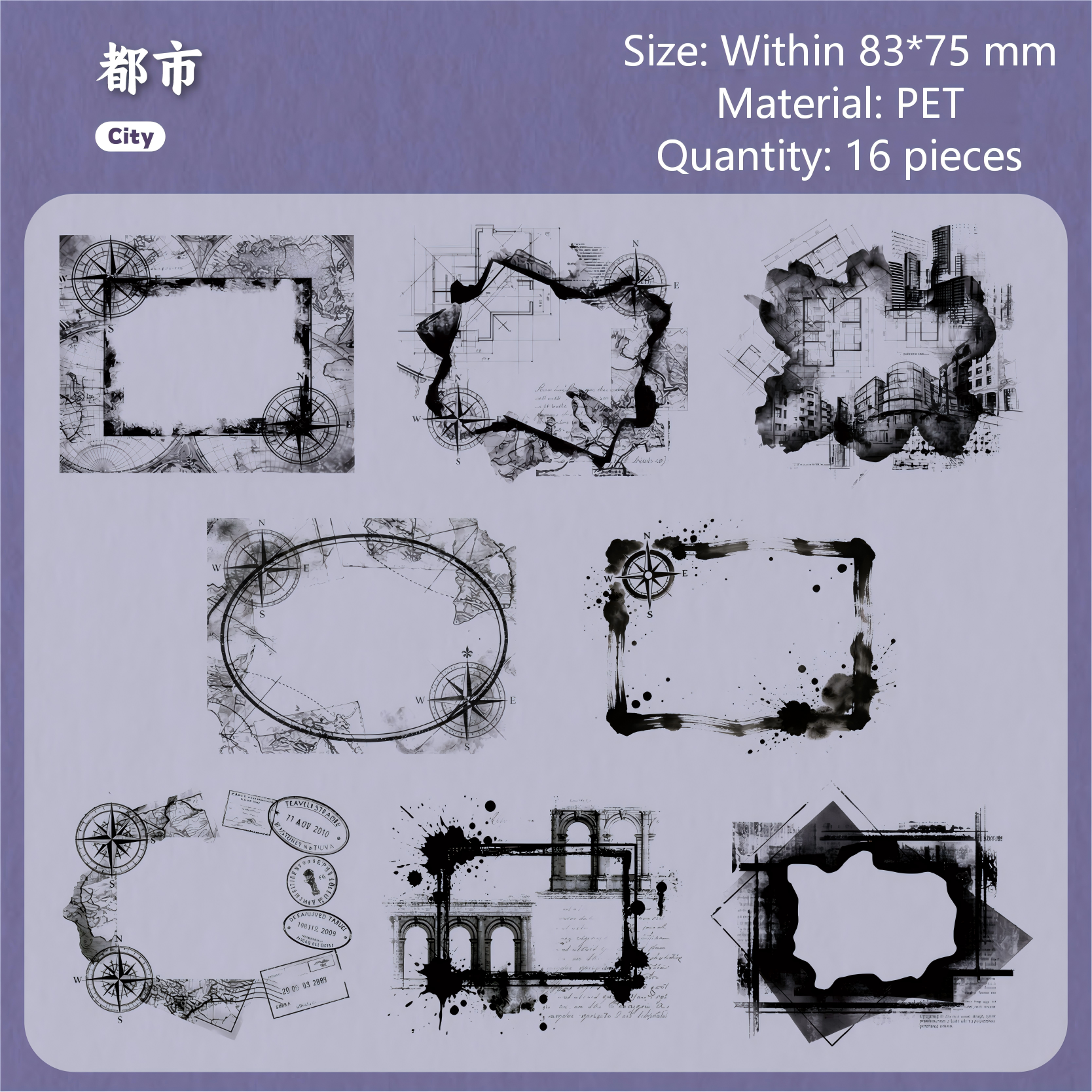 Black & White Film Frame PET Sticker -16Pcs each pack
