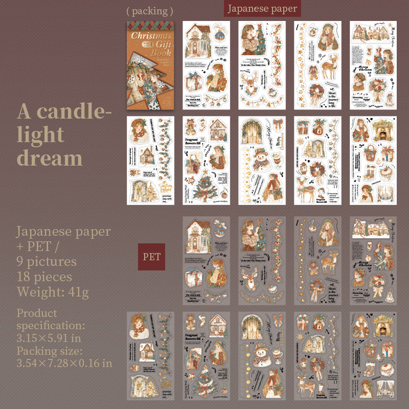 0720 Christmas gift book PET & Washi pre-cut Sticker Book -18Pcs each pack