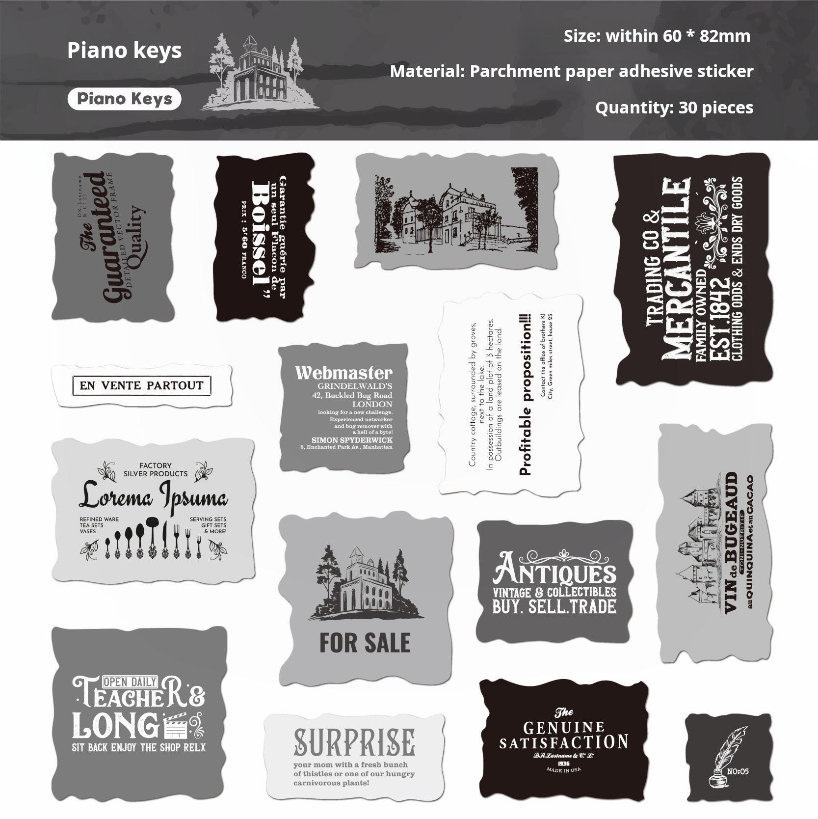 0620 Vintage label vellum paper Sticker -30Pcs each pack