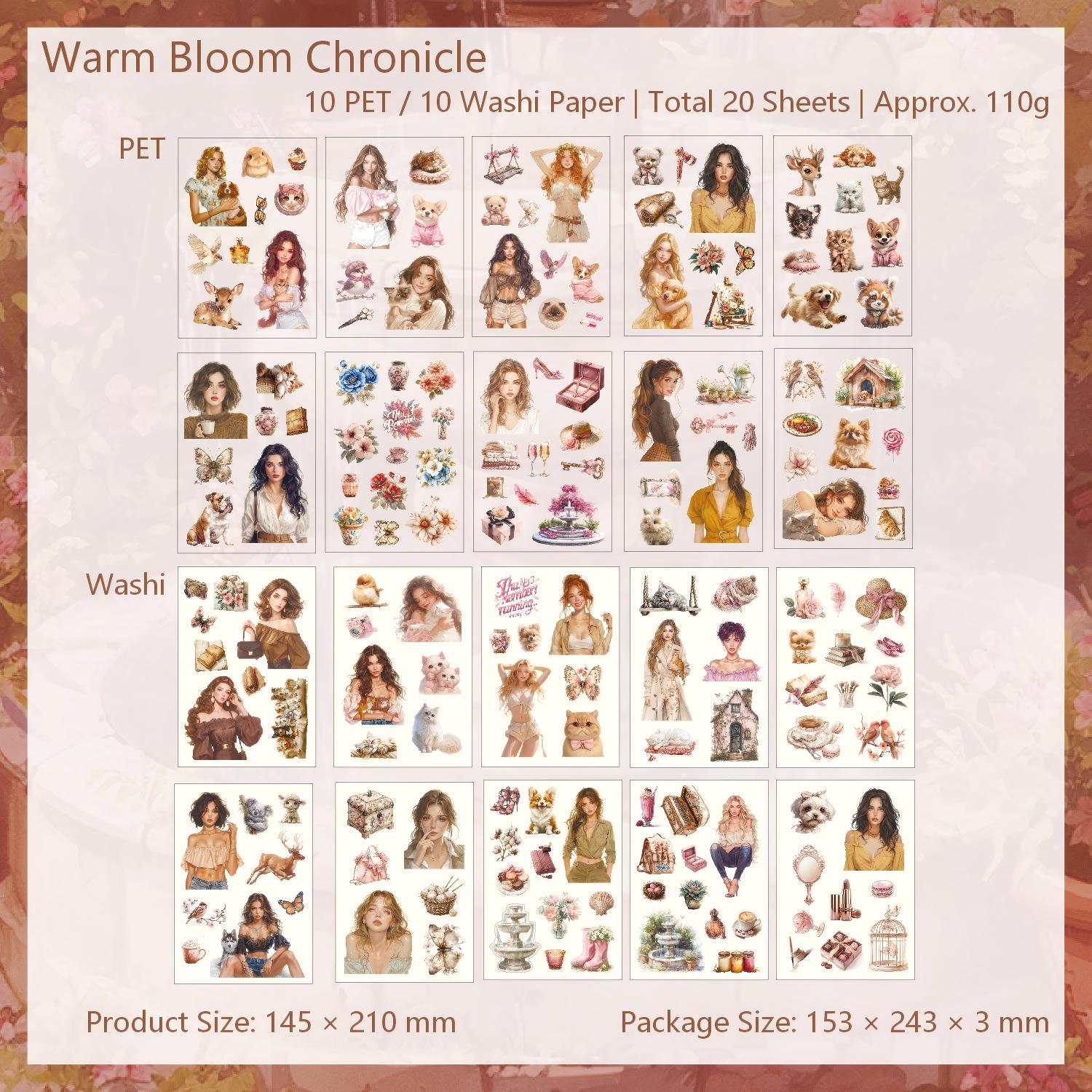 Cottagecore & Vintage Girl Sticker Book (PET & Washi) -20Pcs each pack