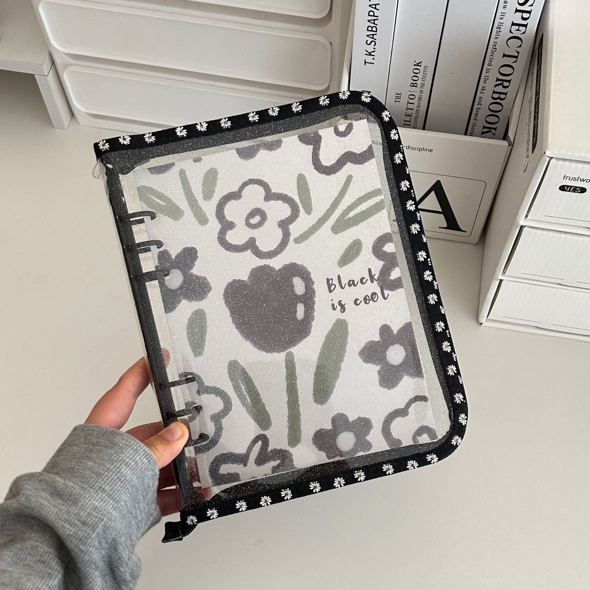 0701 A5 Glitter clear binder with Zipper and flower pattern border *not contain insert pages