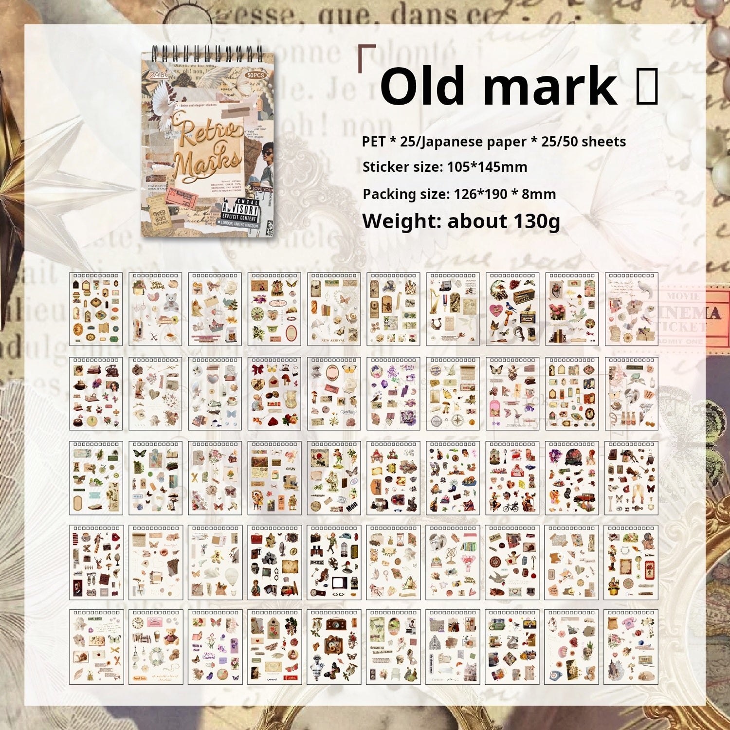 0726 Vintage PET & Washi Sticker Book -50Pcs each pack