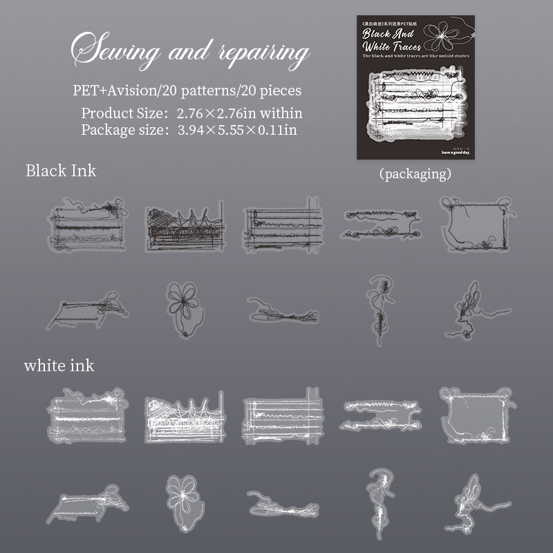 1022 Black and white traces PET sticker -20Pcs each pack