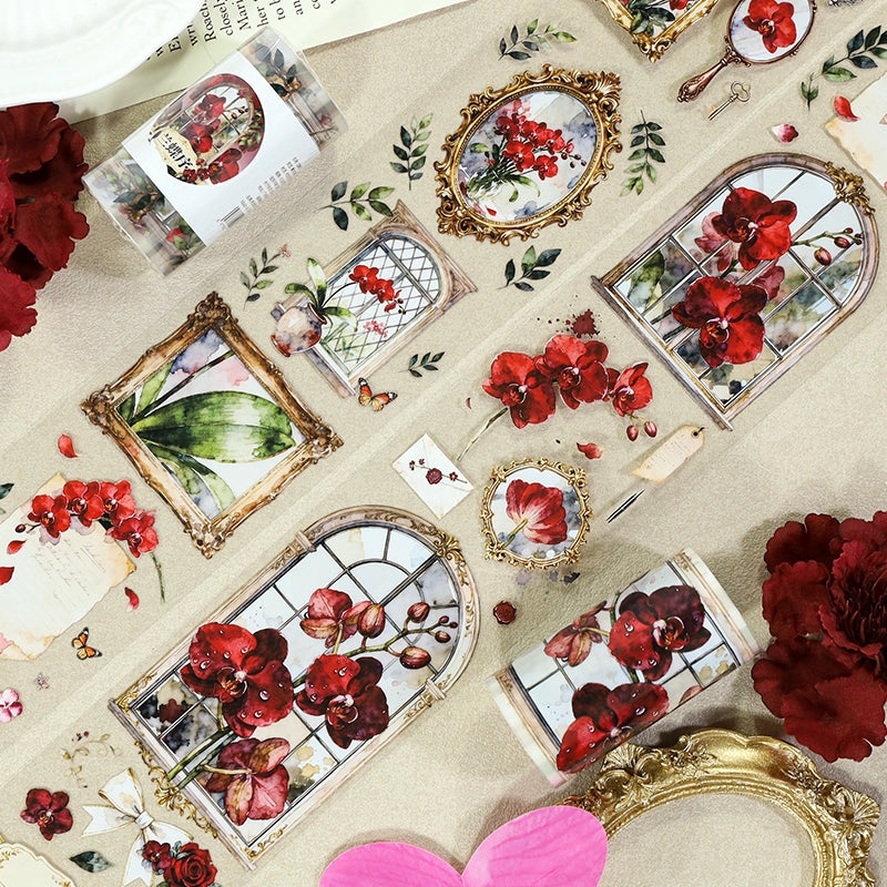 Vintage Red Orchid Frame PET Tape (7cm x 2m)