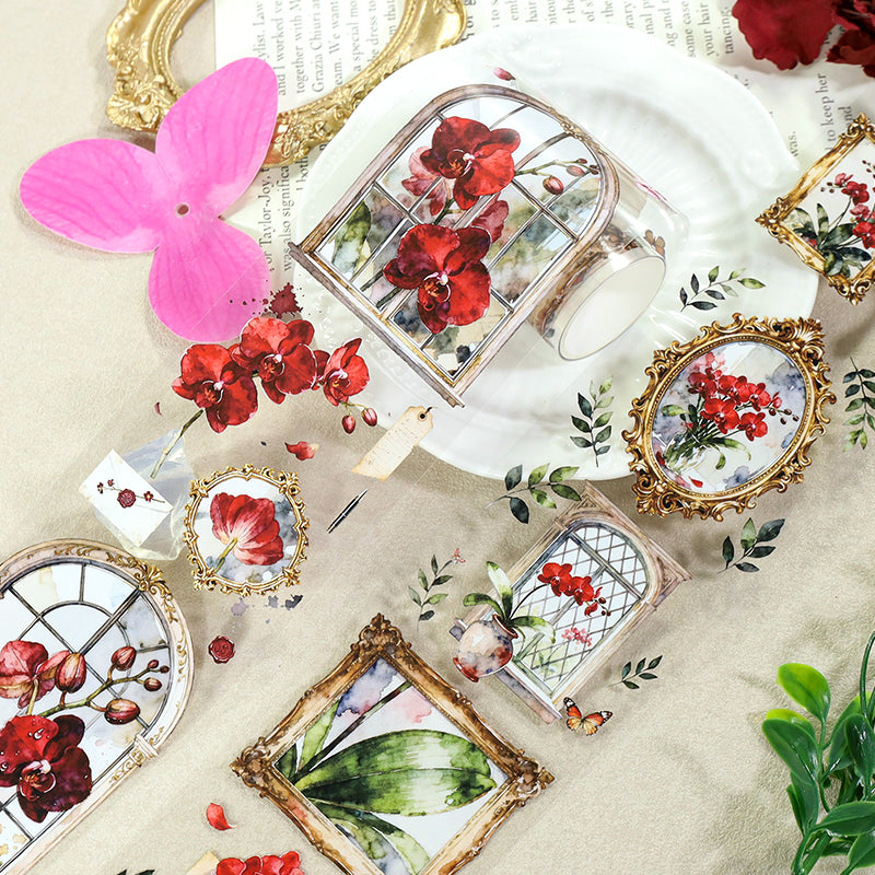 Vintage Red Orchid Frame PET Tape (7cm x 2m)