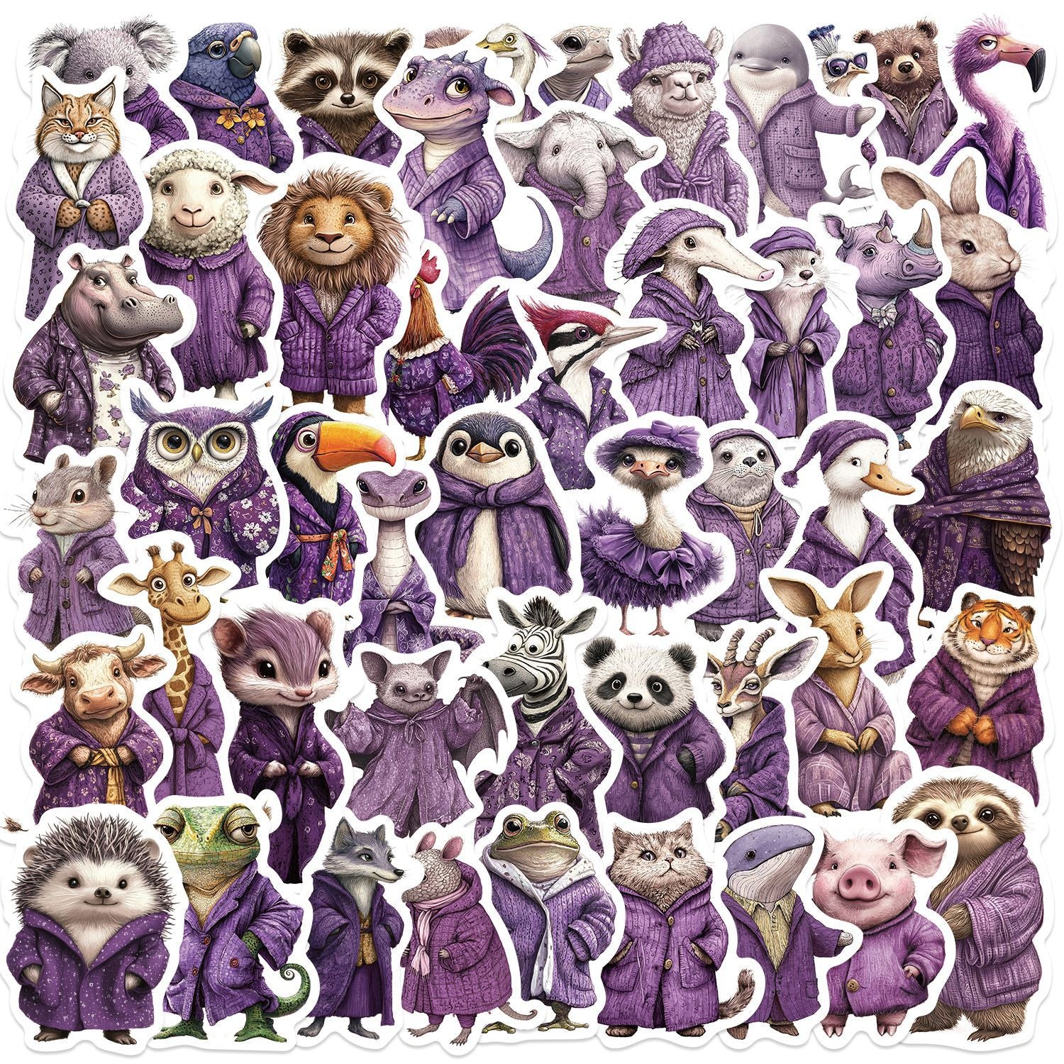 0605 50 Animals wearing purple clothes Stickers solid with white border