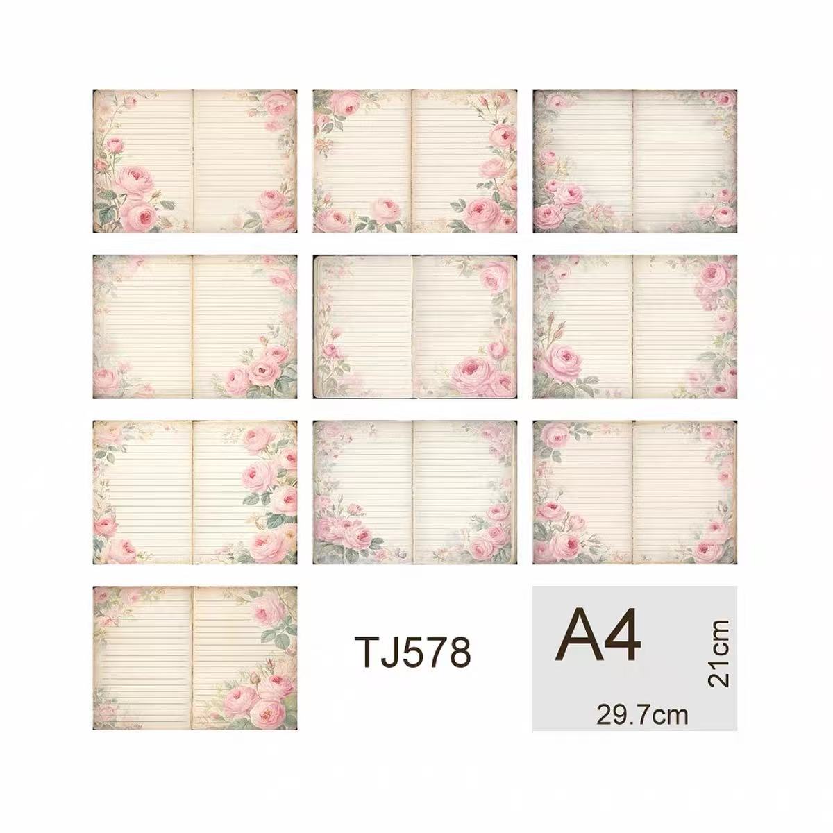 A4 size Vintage Rose Blossoms Style paper 10 pcs