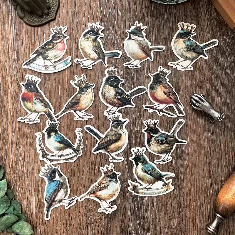 Vintage Crowned Bird Solid sticker -14Pcs each pack