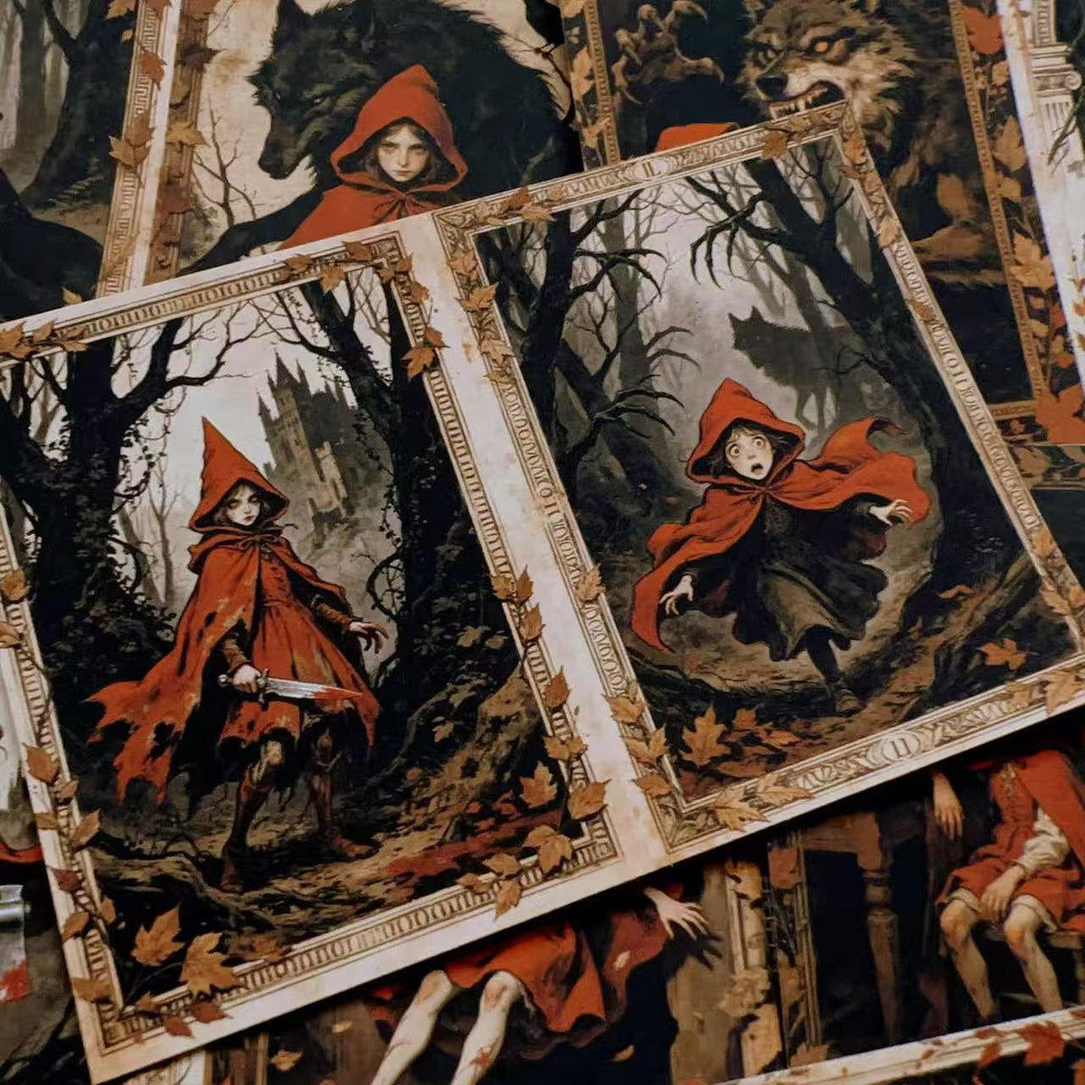 A4 size Dark Little Red Riding Hood Style paper 3 pcs (Uncut, with white borders)