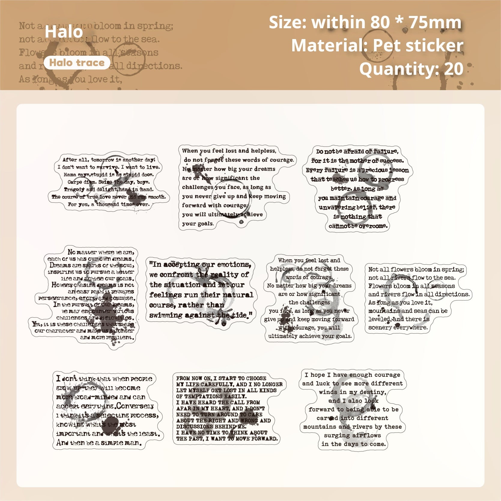 0709 Text ink dyeing PET sticker -20Pcs each pack