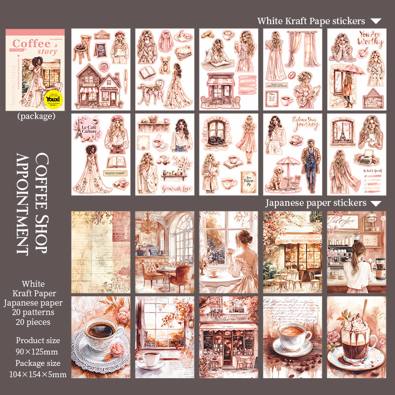 0715 Coffee story PET Solid & Washi sticker Book -20Pcs each pack