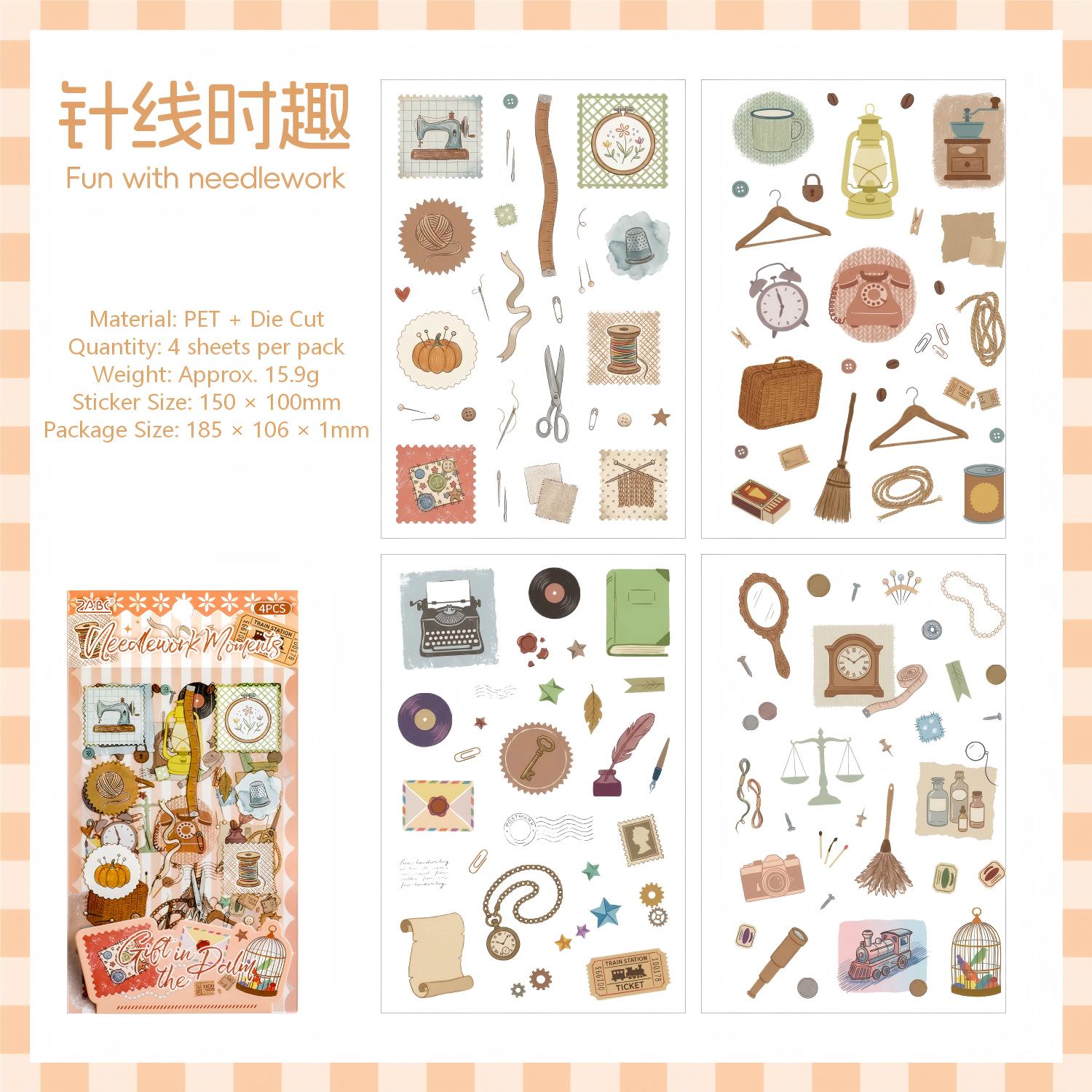 Vintage PET Die-cut Stickers -4Pcs each pack