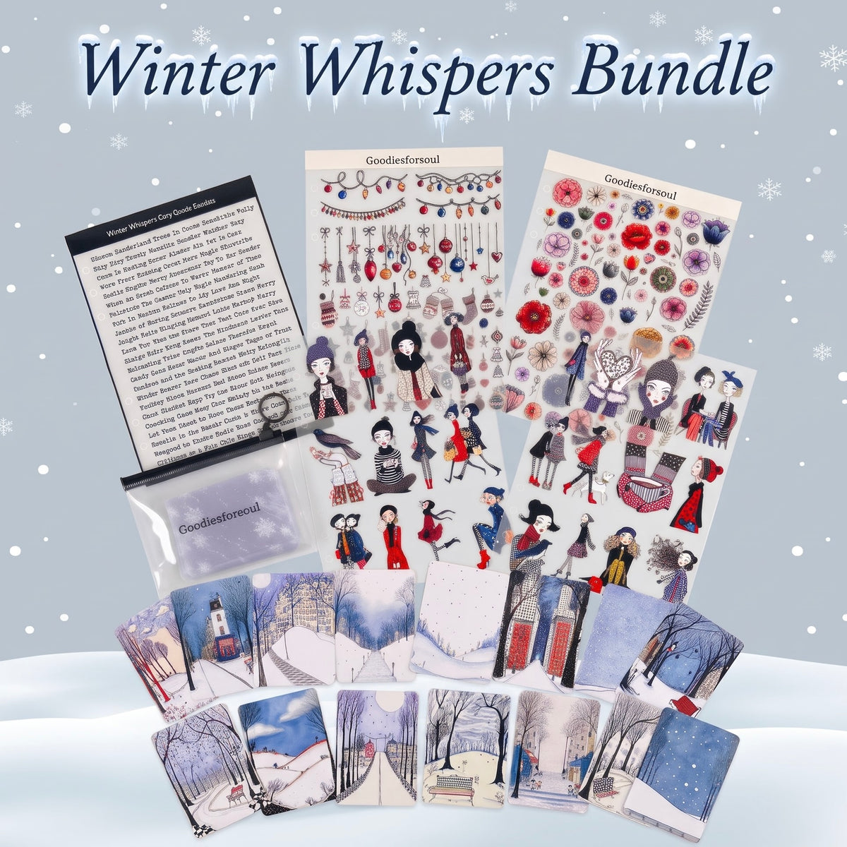 Winter Whispers Junk Journal Bundle · Cozy Winter Girls Stickers, Snowy Town ATC Cards & Quote Stickers