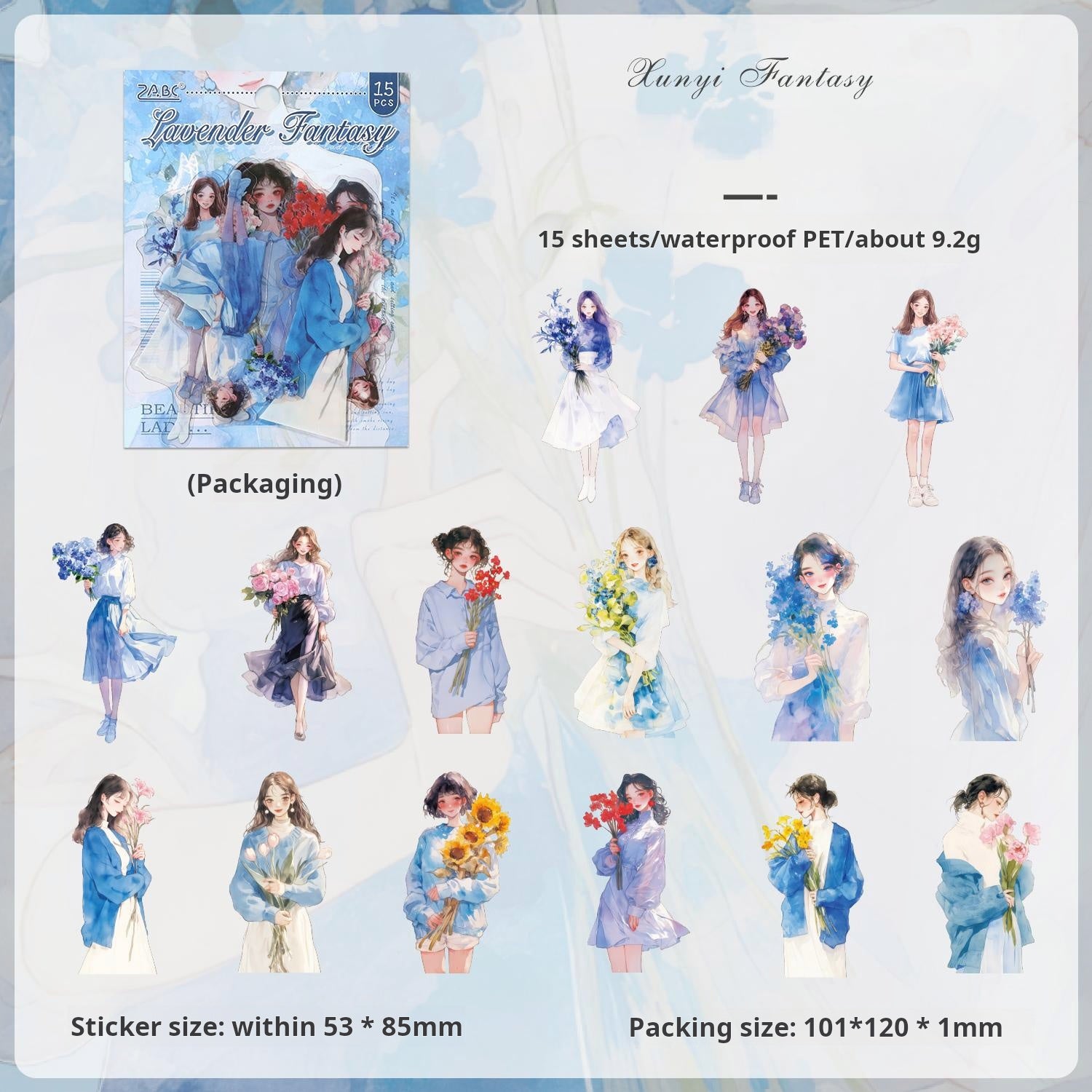 0913 Flower and girl PET Sticker -15Pcs each pack