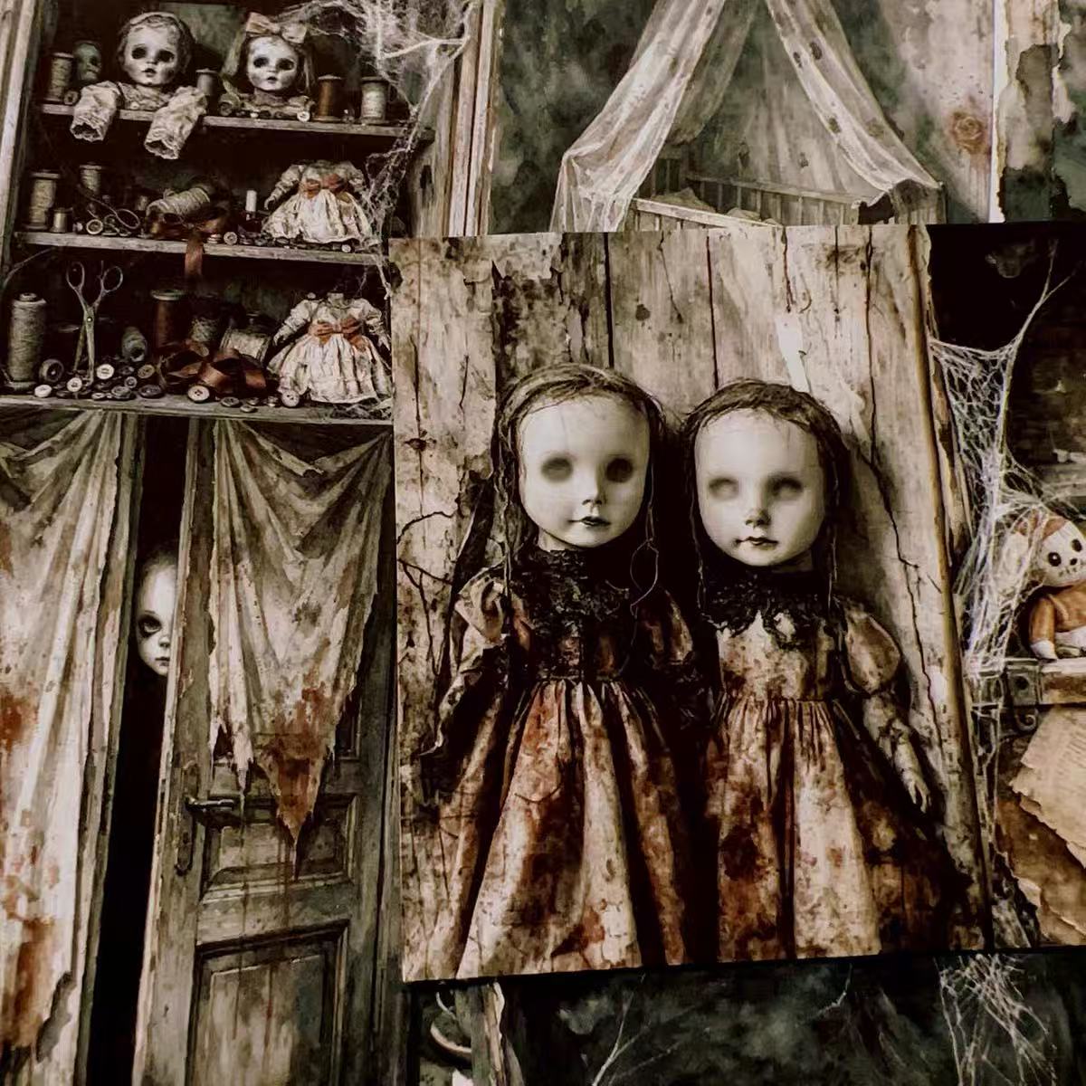A4 size Vintage Gothic Haunted Dollhouse Style paper 4 pcs (Uncut, with white borders)