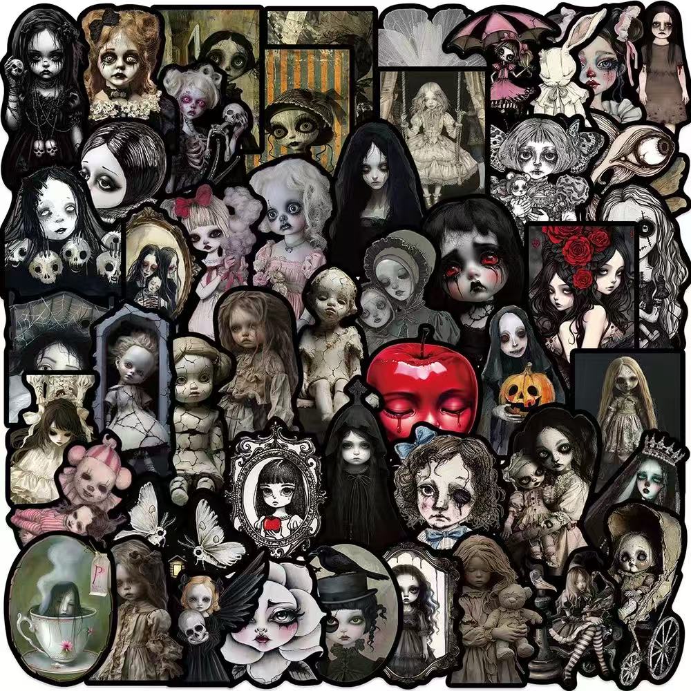 260403 50 Horror Doll Stickers solid with Black border