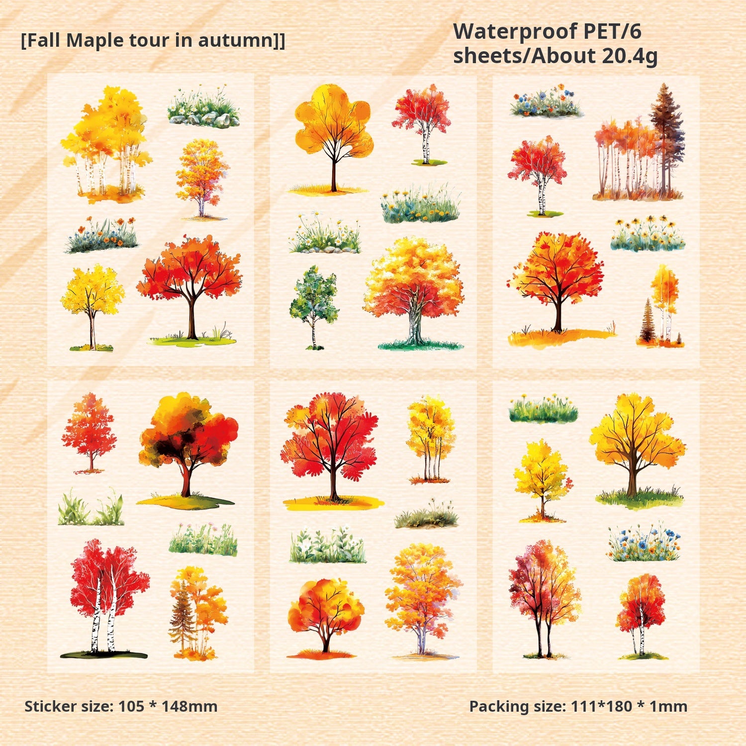 1023 Four Seasons Trees PET sticker -6Pcs each pack