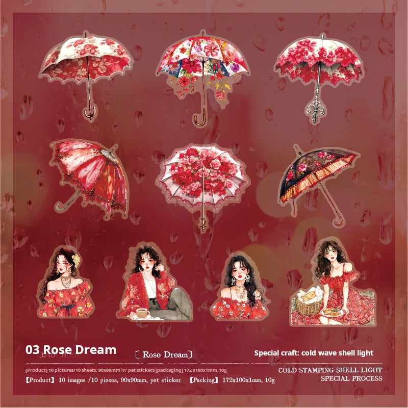 0729 Girl and flower umbrella PET Sticker -10Pcs each pack