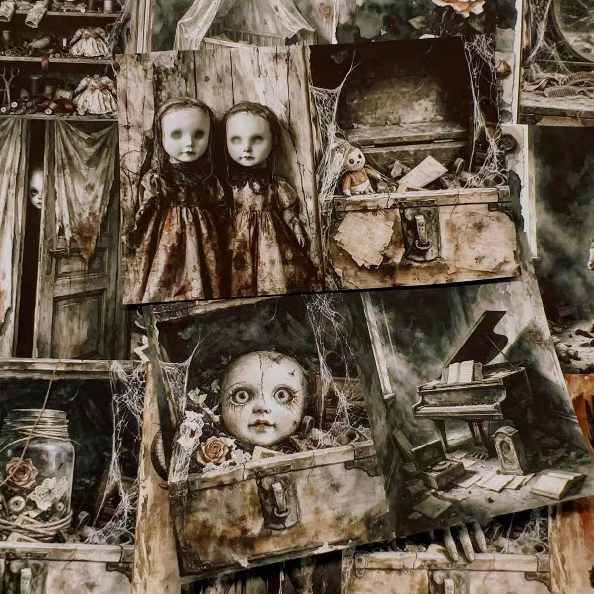 A4 size Vintage Gothic Haunted Dollhouse Style paper 4 pcs (Uncut, with white borders)