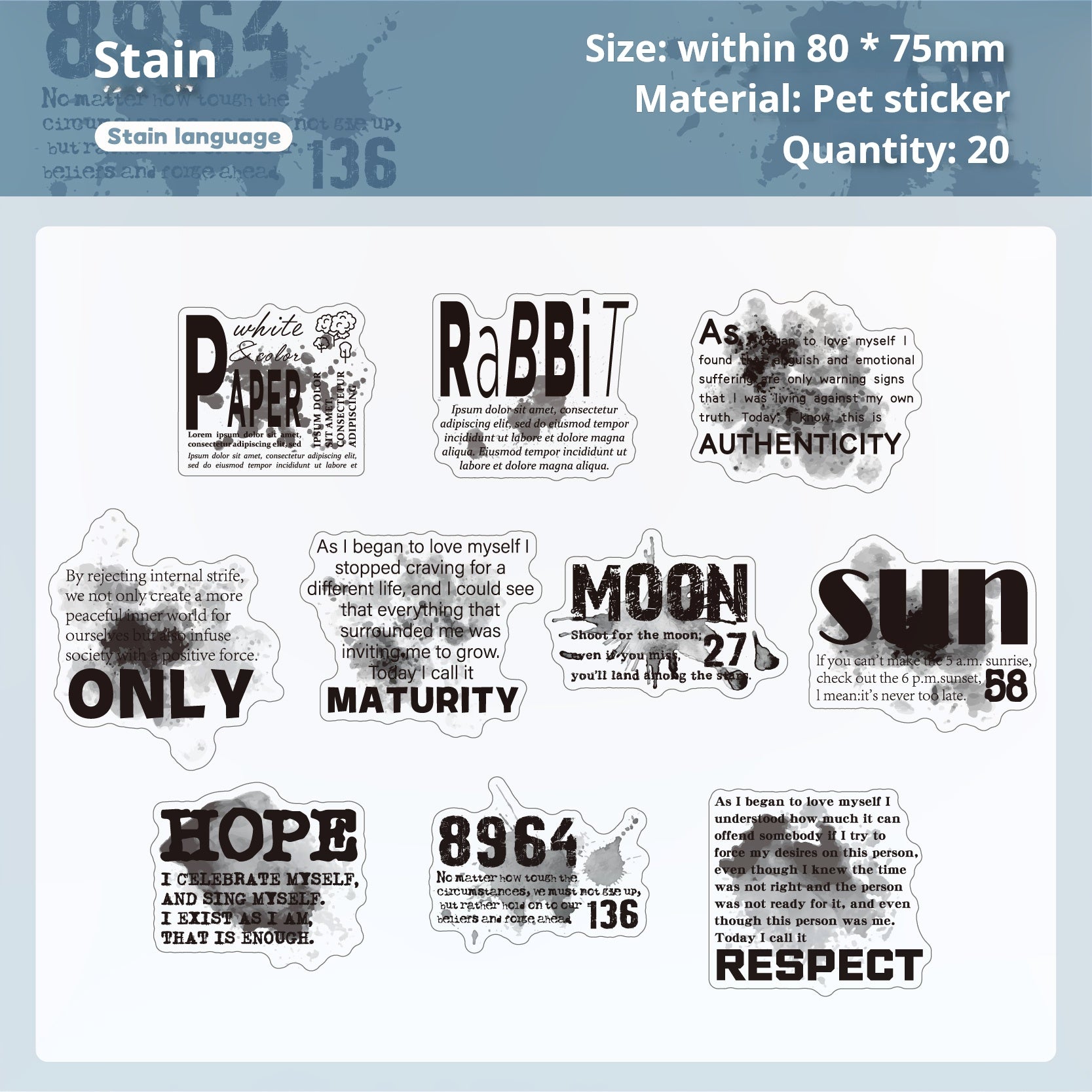 0709 Text ink dyeing PET sticker -20Pcs each pack