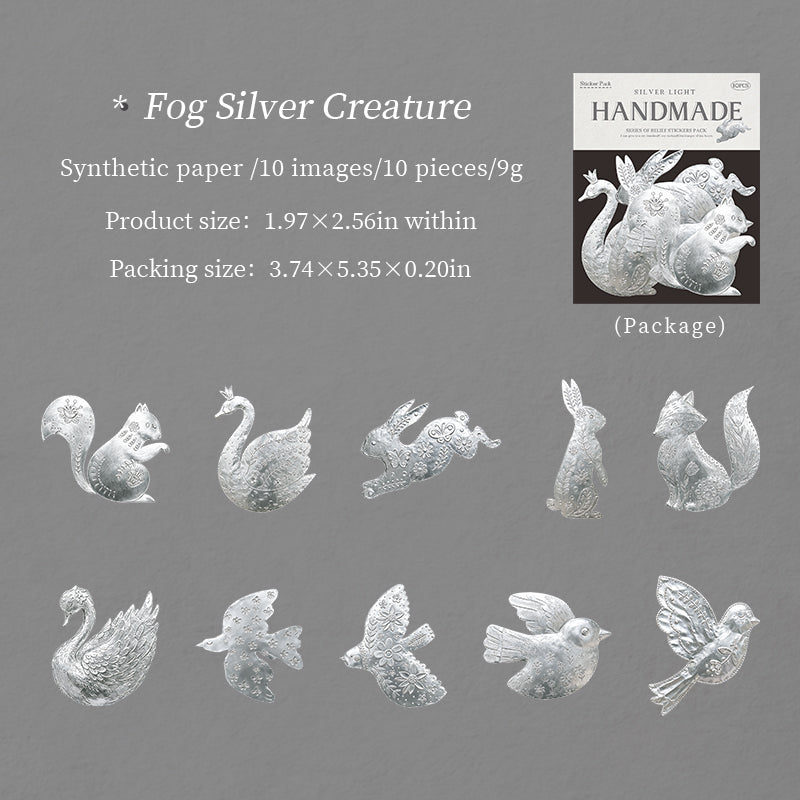 Silver Glow Handcrafted Synthetic Paper Embossed Stickers -10Pcs each pack