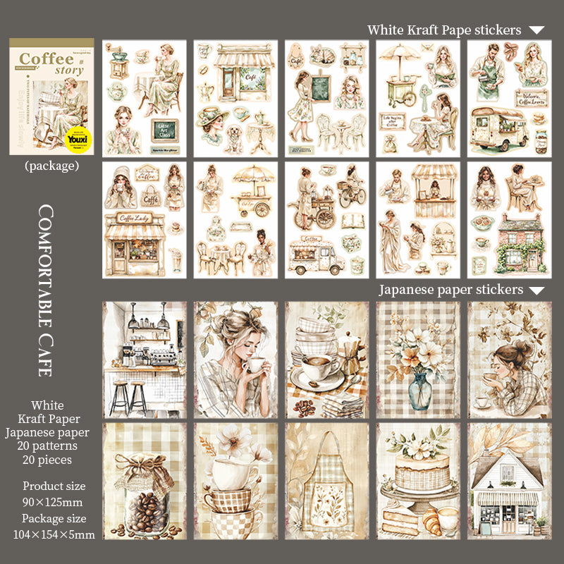 0715 Coffee story PET Solid & Washi sticker Book -20Pcs each pack