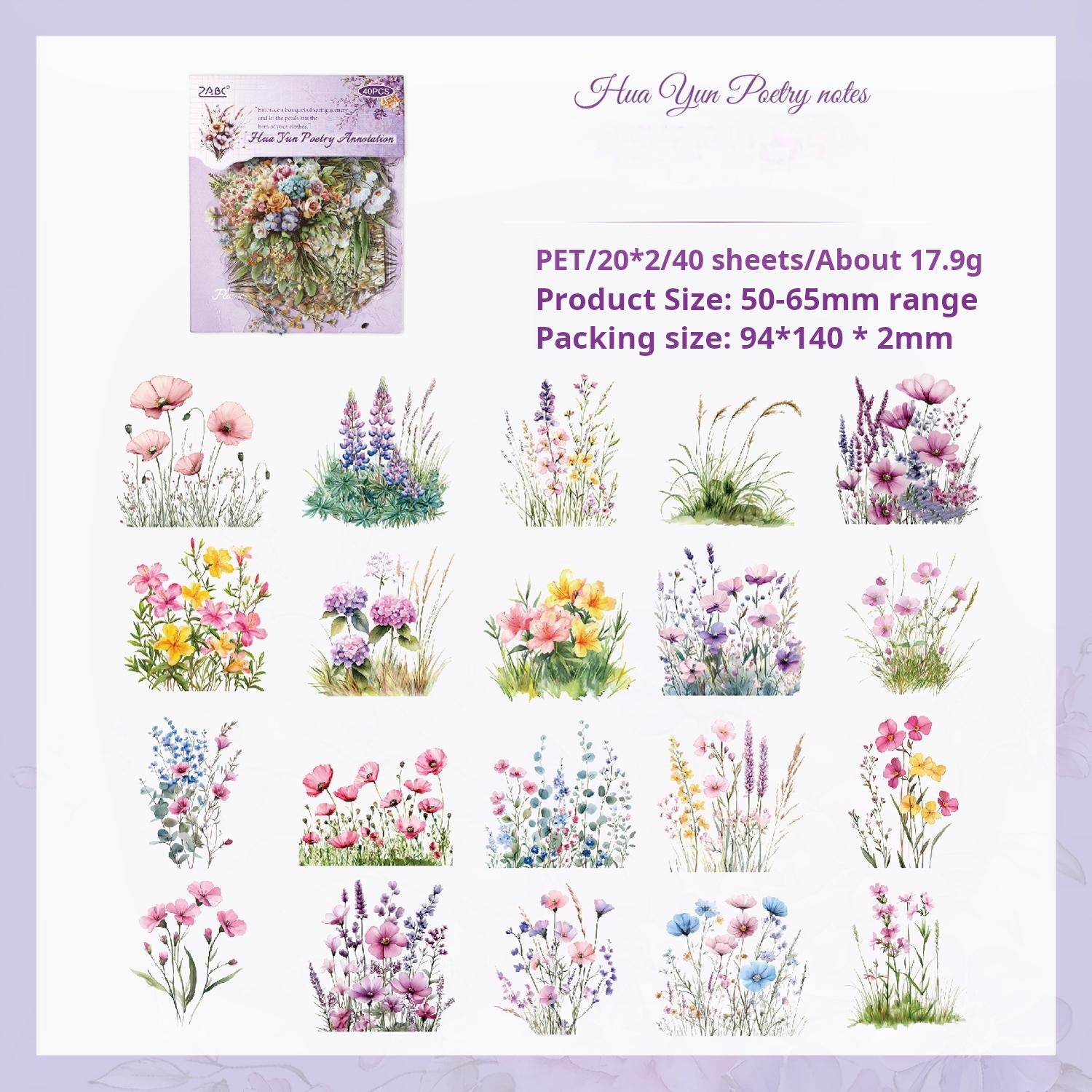 0912 Flowers PET Sticker -40Pcs each pack