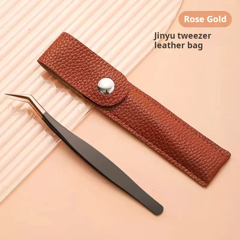 Black gold tweezers with leather case *Curved tweezer head
